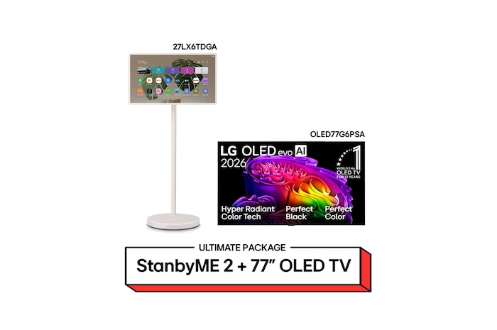 Tampilan depan LG OLED evo AI G6, dirilis tahun 2026, menampilkan gambar bentuk berlapis warna-warni, menghadirkan Teknologi Hyper Radiant Color, Perfect Black & Perfect Color, bersama dengan logo OLED TV No.1 di Dunia selama 13 Tahun.